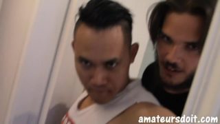Asian jock sucks cock before bathroom anal doggystyle and oral cumshot